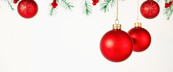 Red Christmas ornaments hanging against a pure white background , ornament hanging, hanging decoration, christmas tree ornament