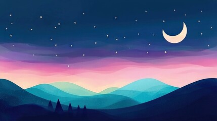 Obraz premium A stunning night sky painting featuring stars, a crescent moon, and a majestic mountain range illuminated by the full moon