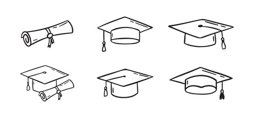Graduation hat set. Hand drawn doodle Graduation hats sketch line. Education college student success diploma drawing