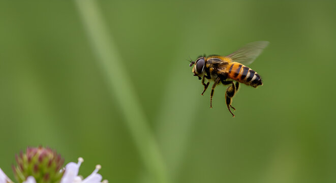 Striking macro shot of a hoverfly captured mid flight in a natural setting