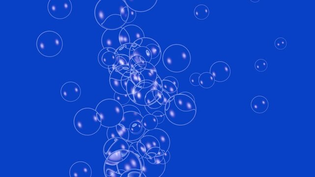 3D animation of transparent glass bubbles moving in space. Emerging from below on a dark blue background.