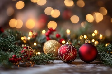 Obraz premium Warm fairy lights illuminate festive Christmas decorations with red and gold ornaments, set against a soft glowing backdrop in a cozy setting