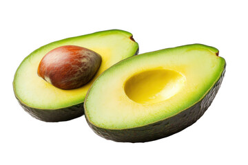 Fresh sliced avocado halves with seed on black background, cut out