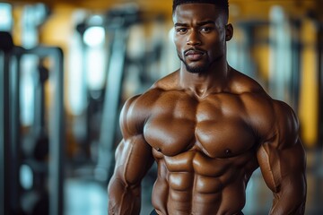 Fototapeta premium Strong physique showcased in gym environment with impressive muscle definition and focus