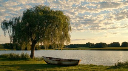 Obraz premium Tranquil Lake Scene with Willow Tree and Empty Wooden Boat at Sunset