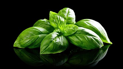 Fototapeta premium A set of verdant foliage resting on a dark background reflects in the image's center