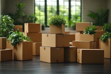 Graphic layouts showcasing living space with plants and boxes for promoting a green lifestyle