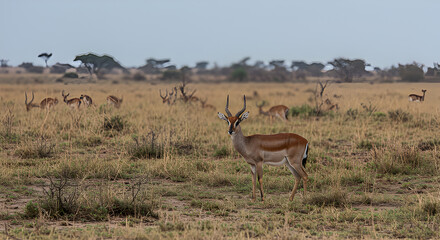 Fototapeta premium Majestic Hirola Antelope Observing the Kenyan Savannah with its Family