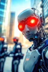 Naklejka premium Futuristic robot with glowing red eyes in urban setting