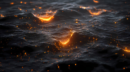 Crisp black terrain with luminous energy and stark rising sparks. Luminous Emergence. Illustration