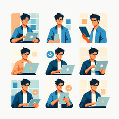 vector young man playing laptop 