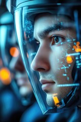 Futuristic young adult male in helmet with digital interface reflection