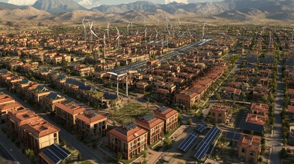 Obraz premium Sustainable city aerial view with wind turbines and solar panels