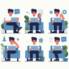vector young man playing laptop 
