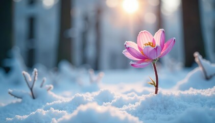 The delicate petals of a snow-covered flower gently sway in the wind amidst the frosty trees, snow, forest
