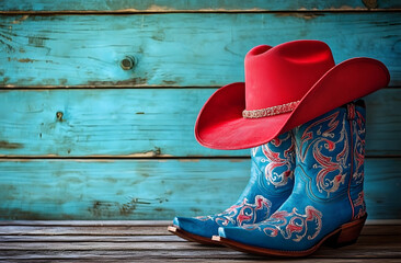 Red cowboy hat rests blue ornate embroidered boots on wood background. Western fashion clothes apparel, rustic country symbols for saloon, ranch party, line dance. Cowboy or cowgirl outfit. Wild west.