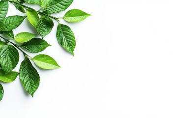 Fresh Green Leaves Arranged on White Background Creating a Natural Border