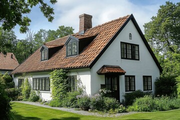 Experience the allure of a charming white cottage, complete with a beautiful garden, nestled in a tranquil countryside setting. Surrounded by lush greenery, it offers a serene escape on a bright day