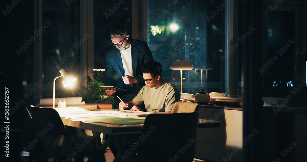 Fototapete Night, programmer meeting and tablet for test, feedback and overtime work for data analysis notes. Business men, mentor and collaboration for web design, cloud computing or b2b networking deadline