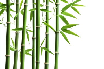 Standing Bamboo Stalks with Green Leaves Against a Clean White Background