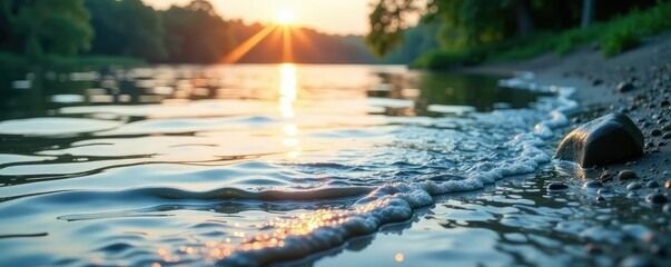 Obraz premium The gentle lapping of water against the shore of a serene lake, sound, serenity, water
