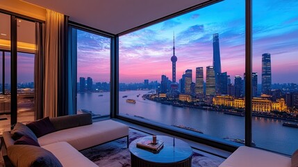 Fototapeta premium Shanghai Skyline Sunset View from Luxury Apartment