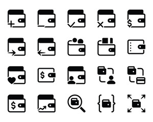 Glyph icons set for Wallet, purse, savings, cash.