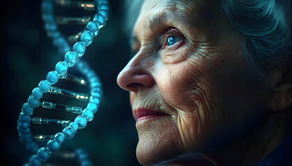 Close-up portrait of elderly woman, face wrinkles, DNA double helix in background. Concept of aging research, telomere extension, quest for longevity, biotechnology, future medicine, science