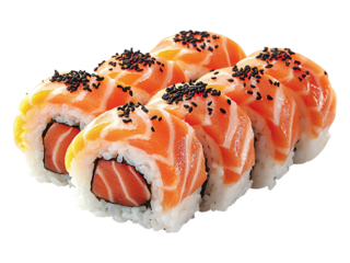 Delectable salmon sushi rolls, glistening with a vibrant orange hue and sprinkled with black sesame seeds, artfully arranged for a mouthwatering closeup.