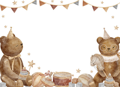 Rectangular watercolor frame with teddy bears in festive clothes with vintage toys. Retro style illustration on a white background. Template with space for text cards, invitations, holidays, birthdays - Powered by Adobe