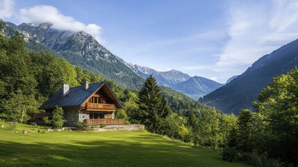 Obraz premium Idyllic mountain chalet nestled amongst lush greenery offering a serene getaway