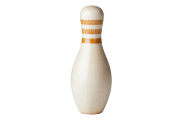 Classic wooden bowling pin with distinctive stripe design, cut out
