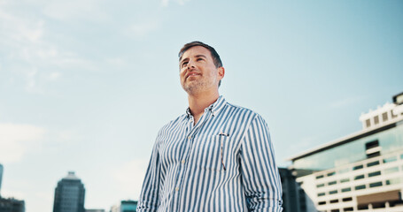 Architecture, thinking and business man in city with idea, brainstorming and planning for career....