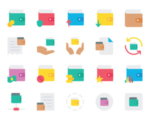 Flat color icons set for Wallet, purse, savings, cash.