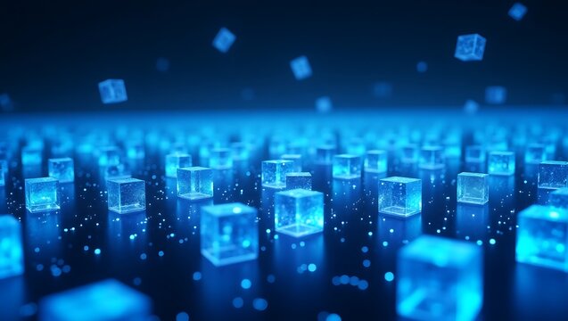 Endless Field of Transparent Blue Cubes in a Digital Network Landscape