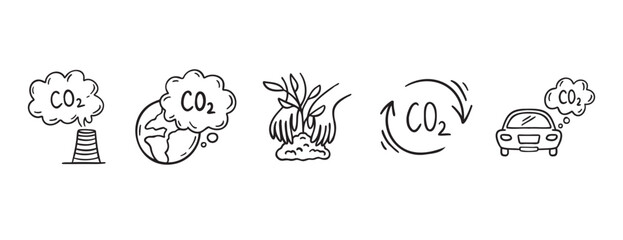 Fototapeta premium Carbon dioxide CO2 earth air pollution doodle hand drawn icon. Outline drawing CO2 line clipart symbol. Factory emission gas sketch vector illustration
