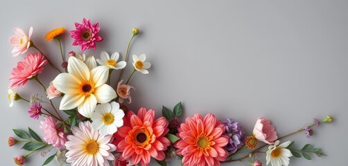 Fototapeta premium Elegant floral arrangement, various blooms on a muted grey backdrop, stock photo, closeup