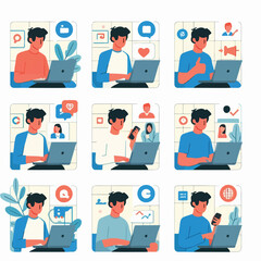 vector young man playing laptop 