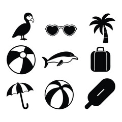 Summer Vacation Icon Set – Vector Black Beach Symbols: Dolphin, Sunglasses, Ball, Ice Cream, Palm, Travel © Sapla