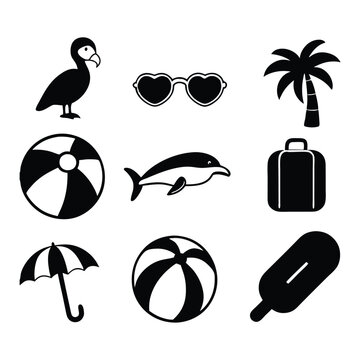 Summer Vacation Icon Set &ndash; Vector Black Beach Symbols: Dolphin, Sunglasses, Ball, Ice Cream, Palm, Travel