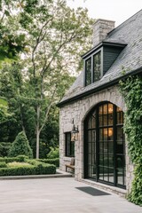 Fototapeta premium A beautifully designed stone house nestled amidst vibrant greenery, set in a tranquil forest during the peaceful early evening hours