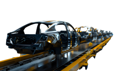 Automotive Assembly Line Unfinished Car Bodies on Conveyor Belt for Manufacturing Process