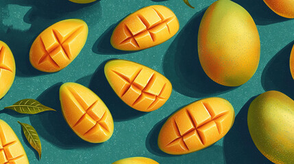 Fototapeta premium A cluster of mangoes resting atop a verdant background with a foliage overlay