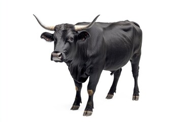 Standing Black Bull with Horns Isolated on White Studio Background