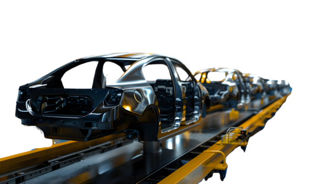 Automotive Assembly Line Unfinished Car Bodies on Conveyor Belt for Manufacturing Process