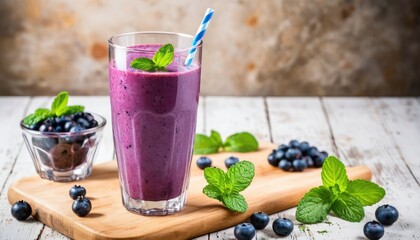 Glass with purple blueberry smoothie garnished with mint on wooden board. Nearby are fresh blueberries and mint. Bright rustic setting