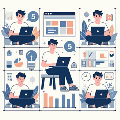 vector young man playing laptop 