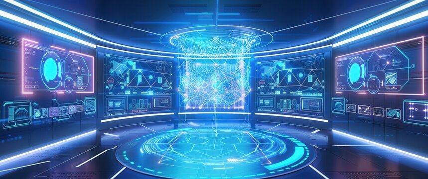 Holographic network topology glows in a futuristic network operations center, cyberpunk aesthetic blur with real-time data streams.