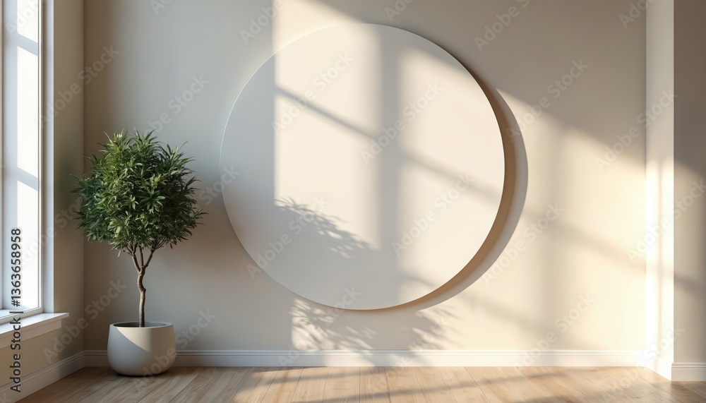 Poster minimal interior design with white circular frame mockup on wall. blank round sign for branding logo