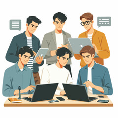 vector young man playing laptop 